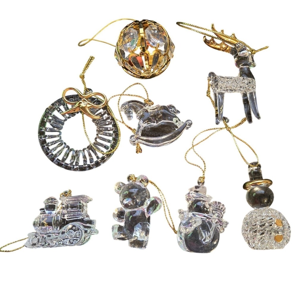 Set Of 8 Clear Lucite Christmas‎ Ornaments Reindeer Snowman Angel Wreath Sleigh